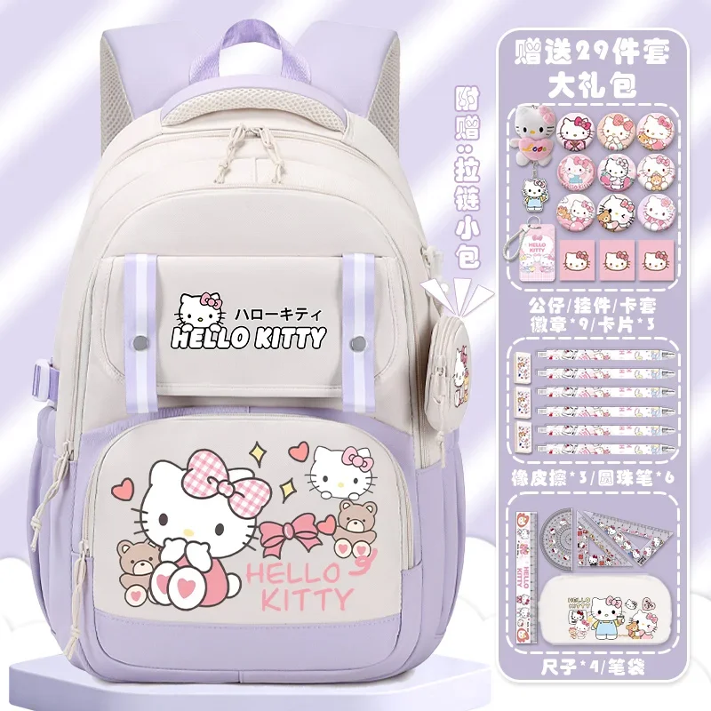 Sanrio Hello Kitty Student Schoolbag, redução de encargos, mochila leve de ombro duplo, anime bonito dos desenhos animados, novo