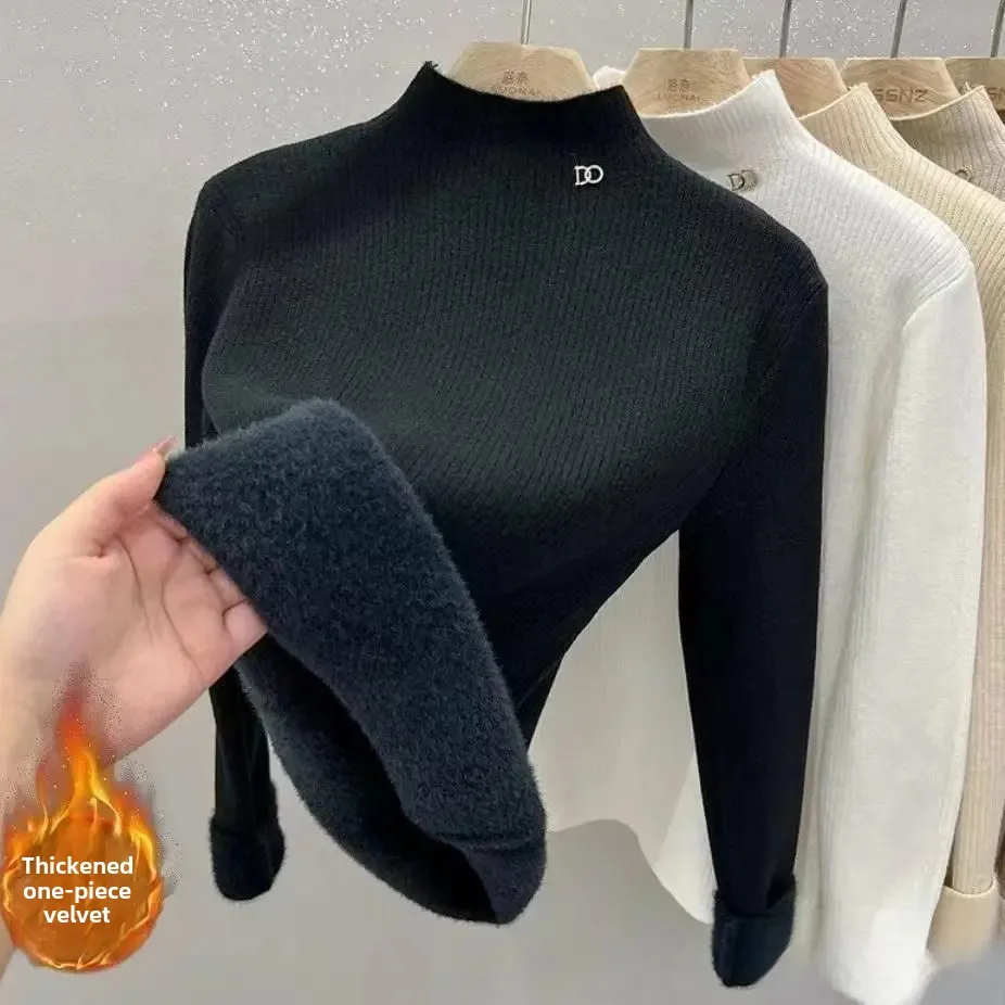 女性のフリース裏地付き厚手ニットハーフハイカラーセーターインナーウェア秋冬新スタイルベースシャツトップ