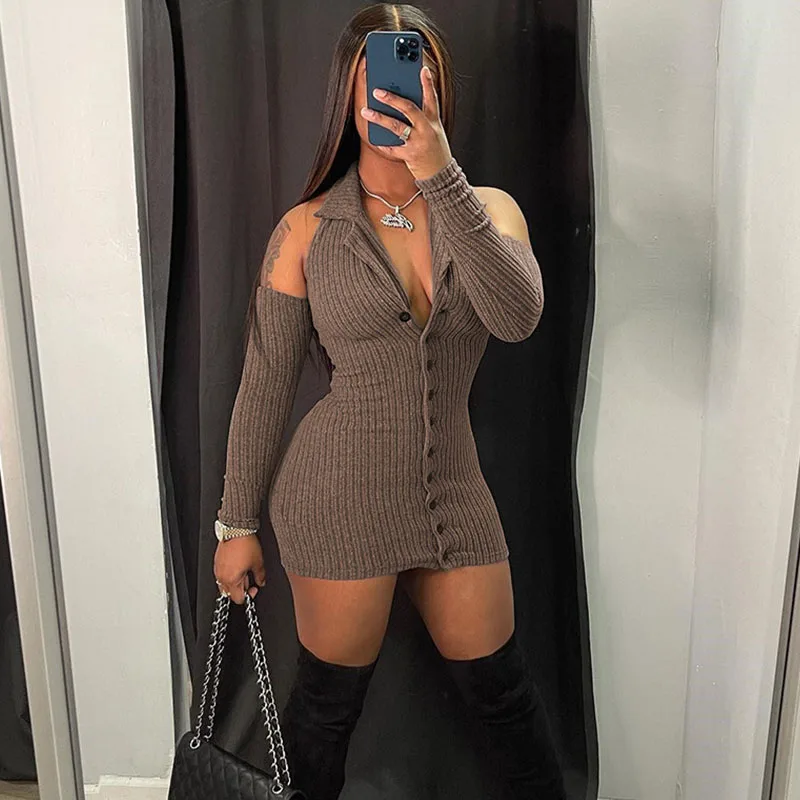 

Sexy Knitted Sweater Dress Women Turn-down Collar Single Breasted Button Nightclub Party Dresses Backless Long Sleeve Mini Dress