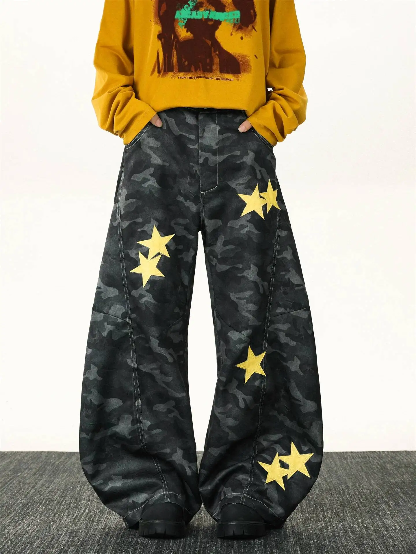 Unsiex Jeans 2026 High Street Star Print Jeans For Men High Street Versatile Loose Wide Leg Floor Length Denim Pants Trousers
