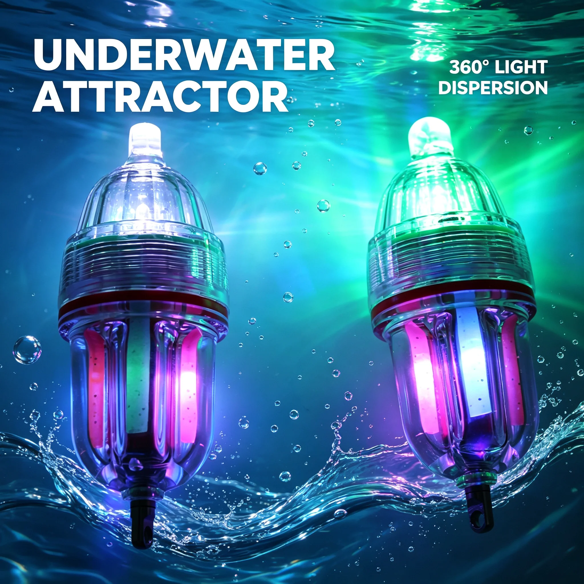 Underwater Fish Attractor LED Light, Green & White Color Submersible Fishing Bait Lamp, IP68 Waterproof Night Fishing Lure