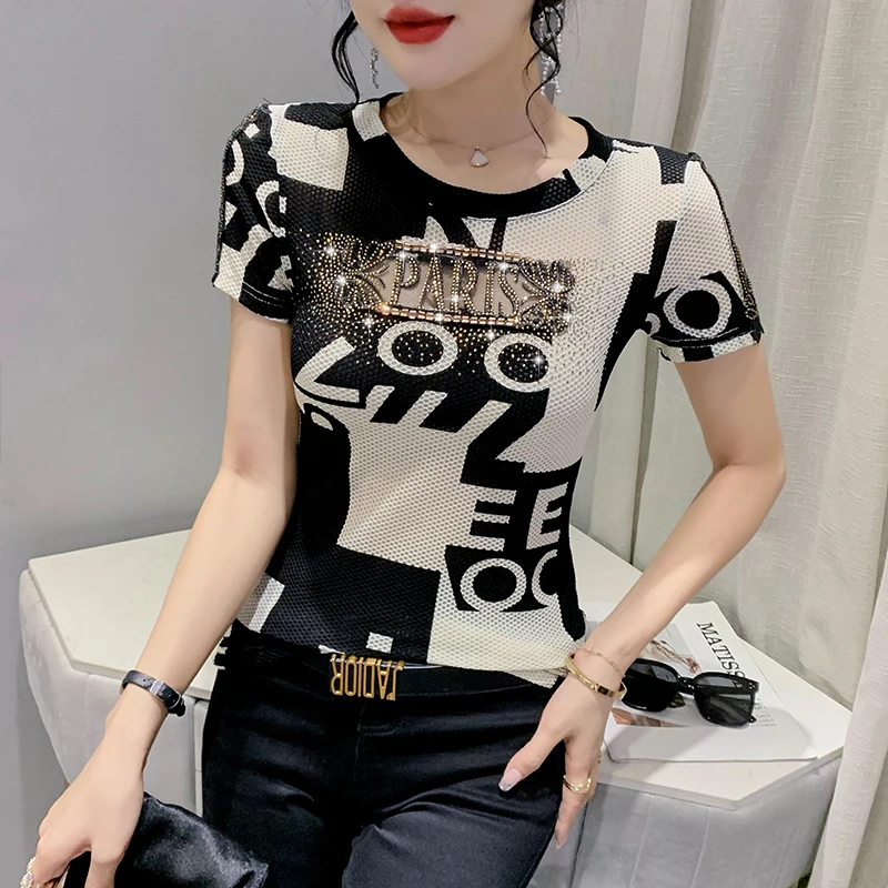 2023 New Design T-Shirt Women Good Stretch Print Drilling Diamonds 