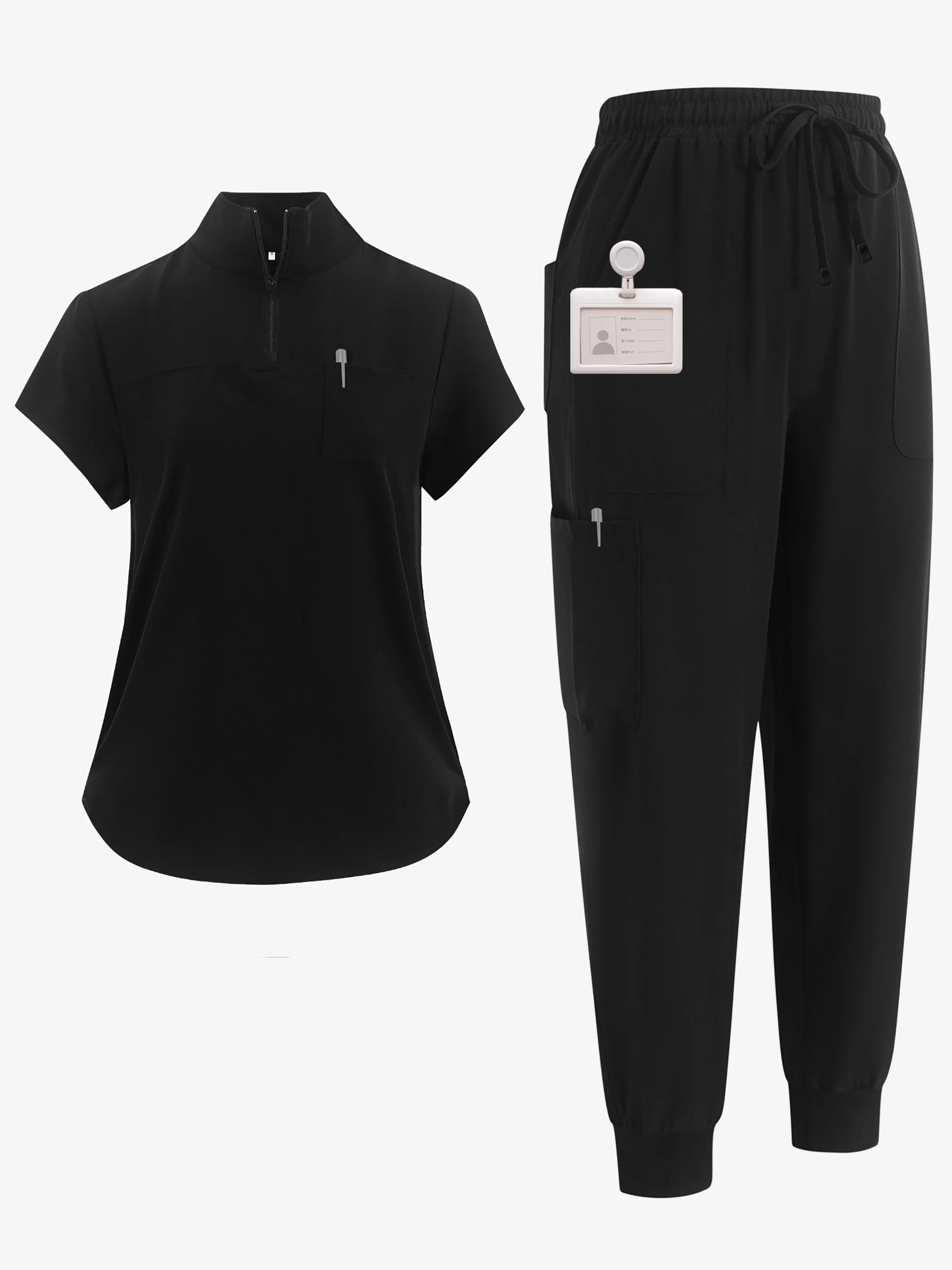

2PCS Breathable Soft Workwear Multi Pockets Cargo Pants + Short Sleeve with Half-Zip Collar Tops, Women's Uniform Scrop Set