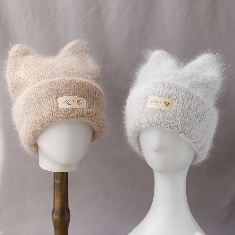 

2025 Simple Girl Angora Rabbit fur ear Beanie Hat for Women Winter Skullies Warm wool Panama fashion Gorros Female Bomber Cap