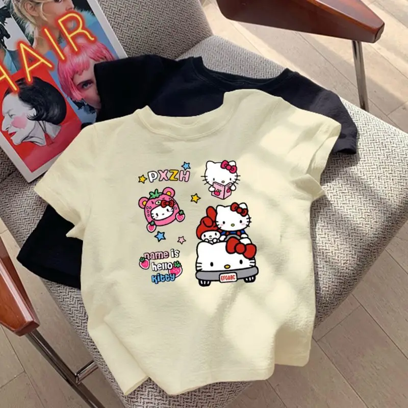 Hello Kitty Sanrio Grey T-shirt Kawaii Cartoon Print Cotton Tops O-neck Oversized Shirts Streetwear Splicing Top Women Clothing