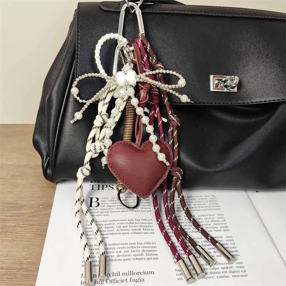 

Wine Red Leather Heart Key Chain Autumn Winter New Pearl Bow Braided Rope Bag Pendant