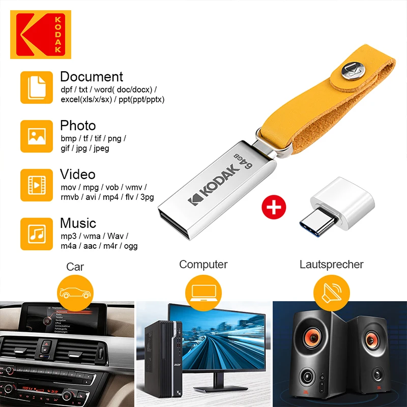 2 uds KODAK USB 2,0 Pen Drive 32GB 64GB 128GB K122 tipo C memoria USB de Metal envío gratuito