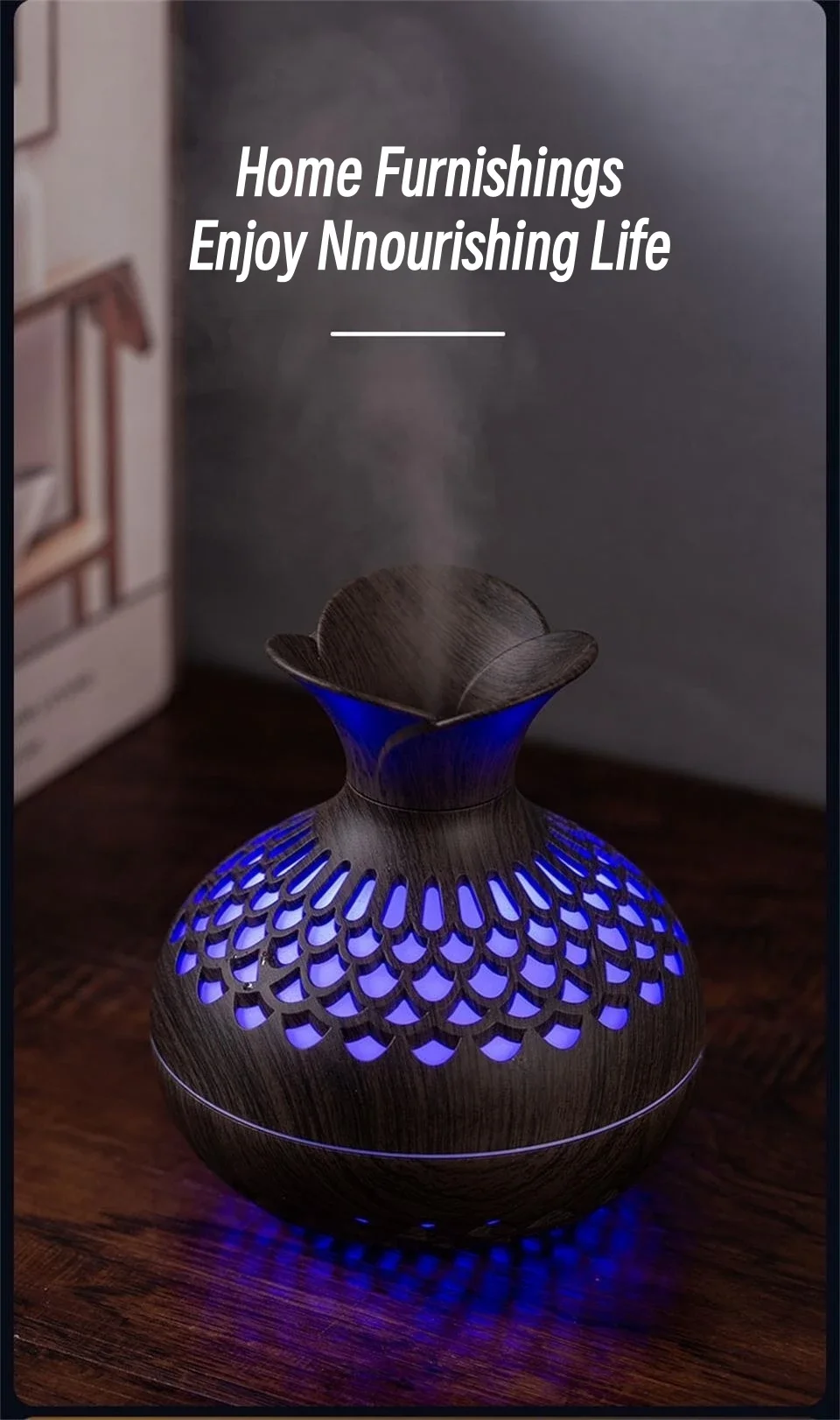 Holzmaserung Vase Luftbefeuchter Haushalt Elektrische Ultraschall-luftbefeuchter Desktop Ätherisches Öl Diffusor Luftreiniger Hause Zimmer – Detail 5