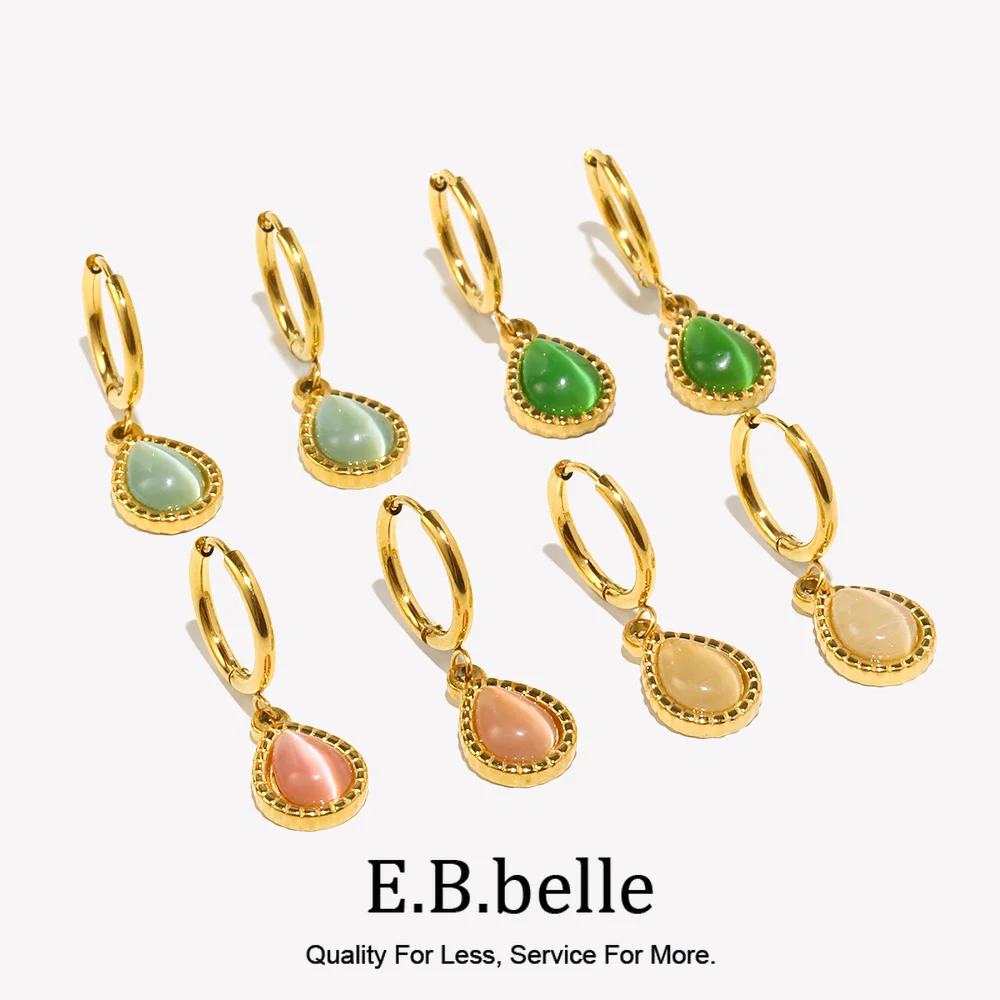 New Colors! Acid Blue Green Pink White Semi-precious Opal Stone Waterdrop Charm Stainless Steel Hoop Earrings For Woman