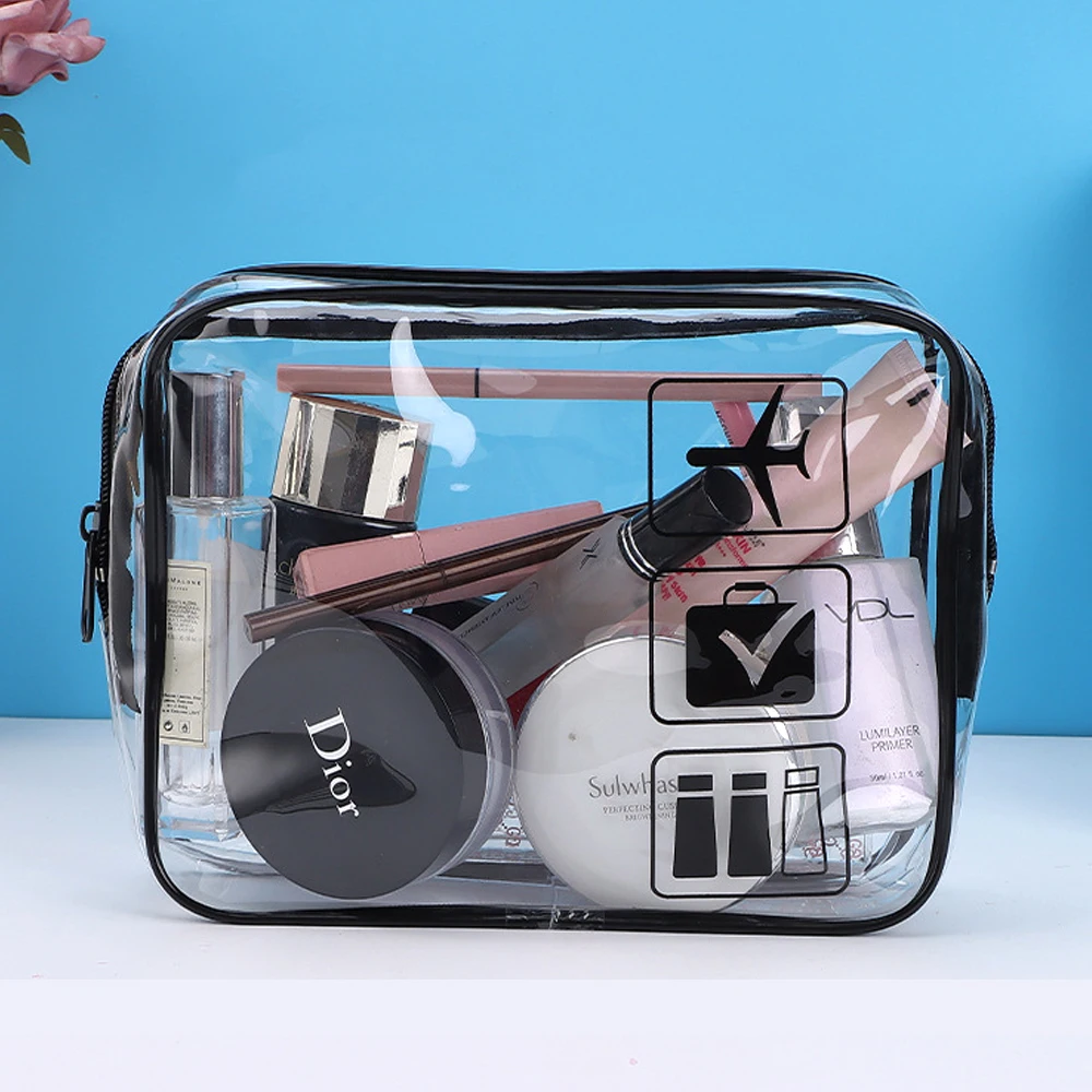 

Transparent Travel Storage Bag Women's Waterproof Cosmetic Pouch Toileting Bag Minimalist Pvc Makeup Bag Zipper Black Beach Bag