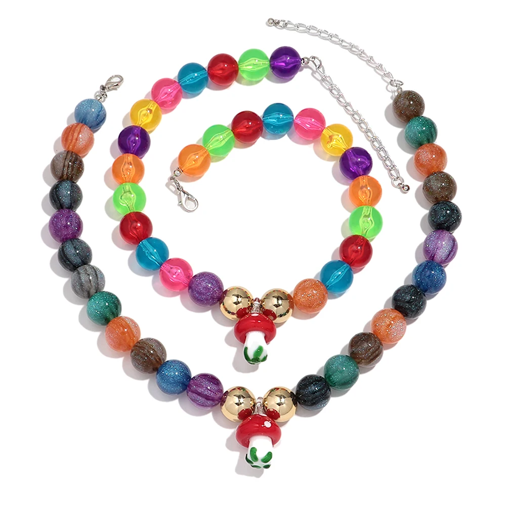 16mm Glitter Acrylic Geometric Round Beads Mushroom Pendant Necklaces Colorful Ball Beaded Choker Necklace Cute Jewelry Gifts
