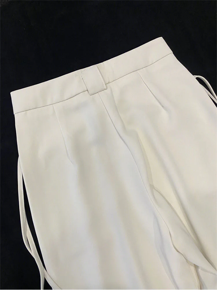 Korean Style Casual White Women's Bandage Trousers Women High Waist Pockets Female Pleated Wide Leg Pants 2022 Autumn Winter