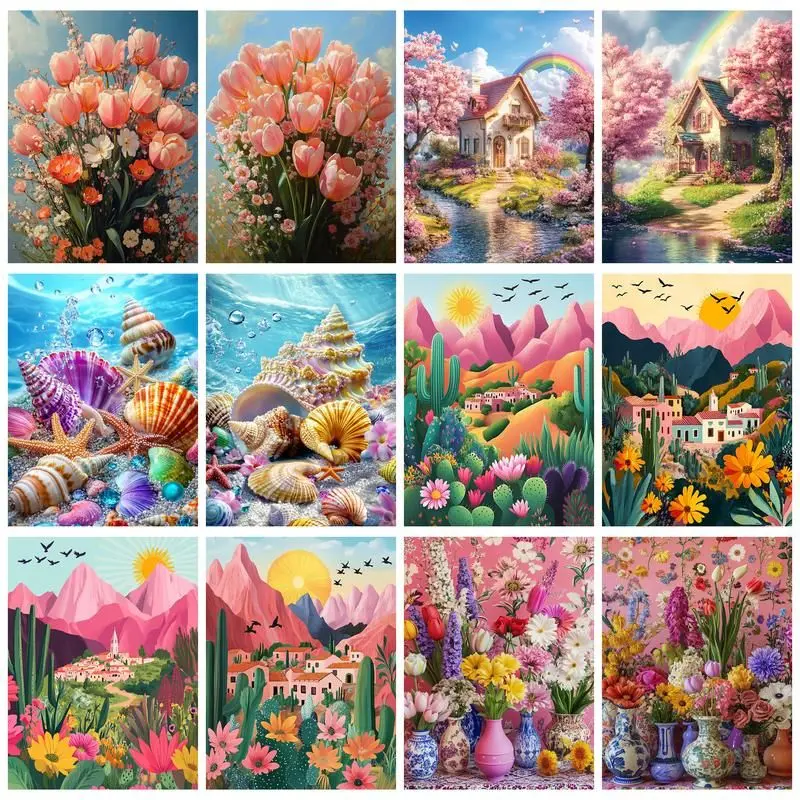 CHENISTORY Malen nach Zahlen Landschaftssets für Erwachsene, handgemalte DIY-Malsets mit Zahlen, Blumen-Heimdekoration, Zeichnen auf Leinwand