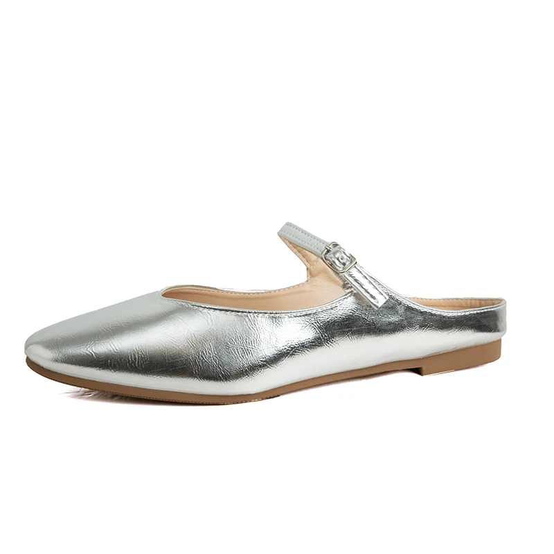 Soft  Leather 2024 Ins Silver Buckle Strap Casual  Shoes Fashion flats elegant glitter metallic mules shoes cover Toe Slippers