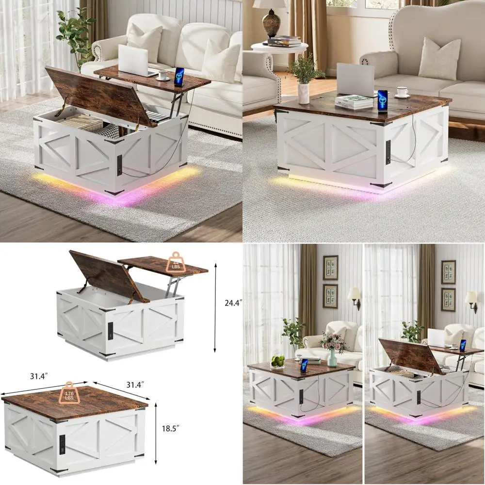 31.5 Inch White Farmhouse Style Coffee Table with Lift Top, LED Lighting, and Power Outlets, Square Storage Ottoman featuring US