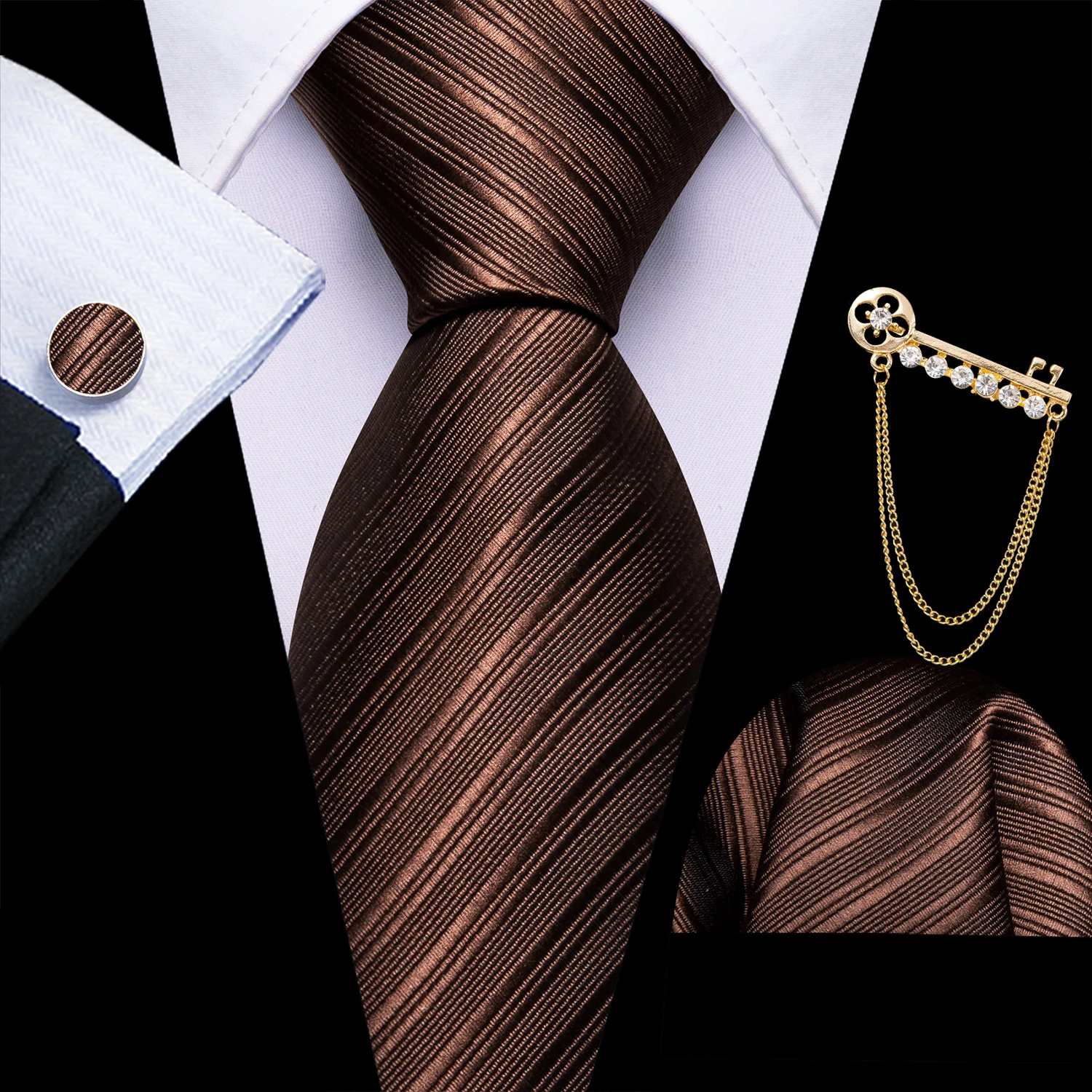 Men's Fashion Striped  Yellow Orange Purple Tie Set with Matching Pocket Square & Cufflinks Brooch Casual Necktie Accessories