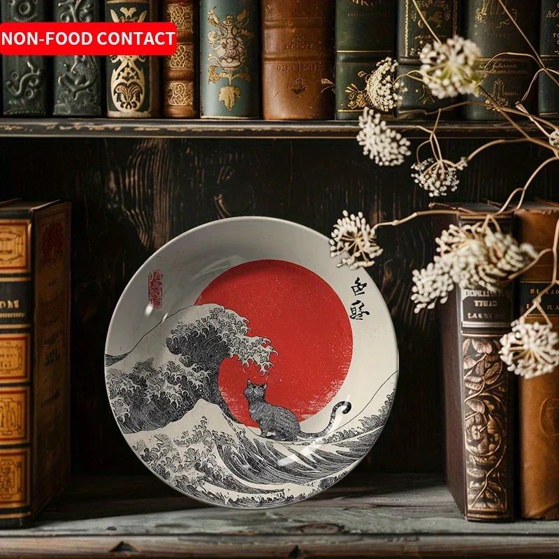 1pc Artistic Ceramic Decorative Plate with Double Cat Design - Non-Food Contact, Ideal for Jewelry Display & Home Decor,