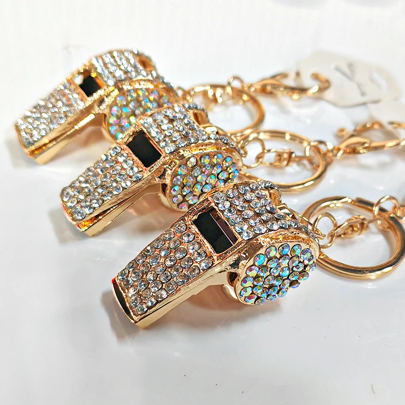 1pc Crystal Coach Whistle Chain Zinc Alloy Metal Custom Metal Shiny Whistle keychain Outdoor Survival Keyring