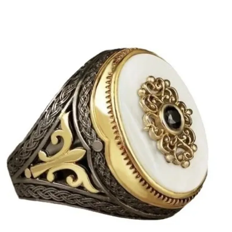 Men\'s White Gemstone Cocktail Exaggerated Ring Vintage Colored True Mother of Pearl Shell with Diamonds