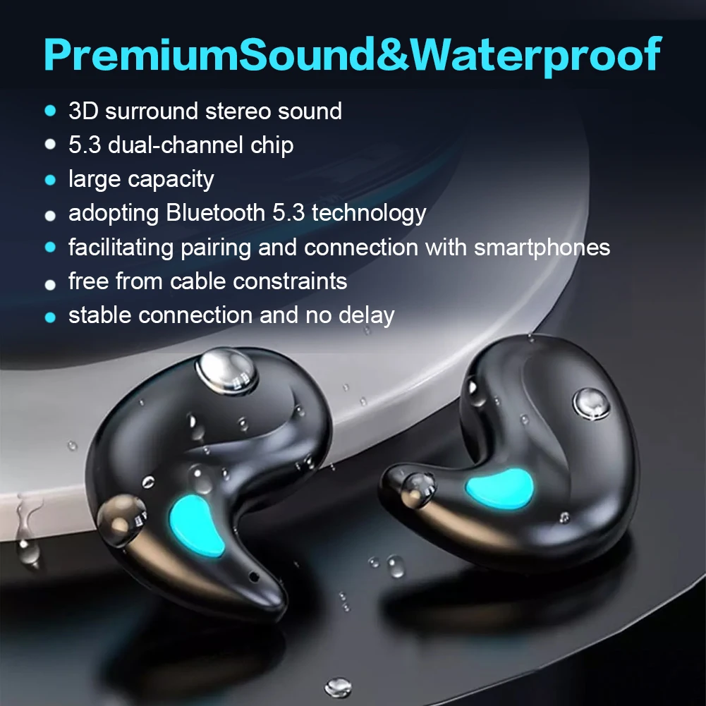 BT 5.3 Stereo Headphones Noise Cancelling Sense-Free Micro Sleep Earbuds Touch Control Open Ear Headsets for Travel and Business
