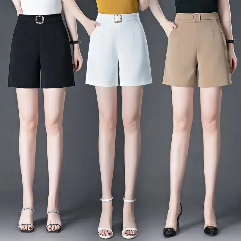 

Summer All-match Fashion Bright Line Decoration Solid Color Elastic Waist Shorts Ladies Simplicity Pocket High Waist Trousers