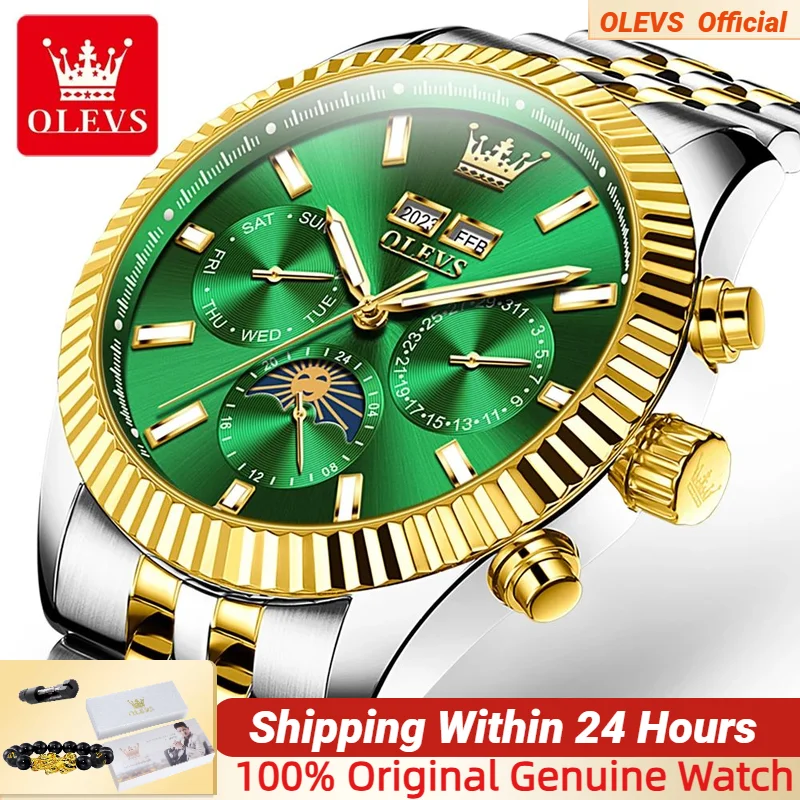 

OLEVS 6688 Мужские часы Модные золотые зеленые часы из нержавеющей стали 30 м водонепроницаемые мужские наручные часы с двойным календарем