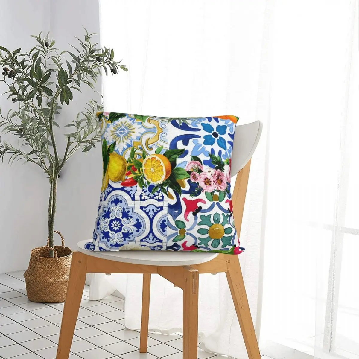 Sicilian Tiles,mediterranean,mosaic,lemons Square Pillowcase Pillow Cover Cushion Zip Decorative Throw Pillow for Home Car
