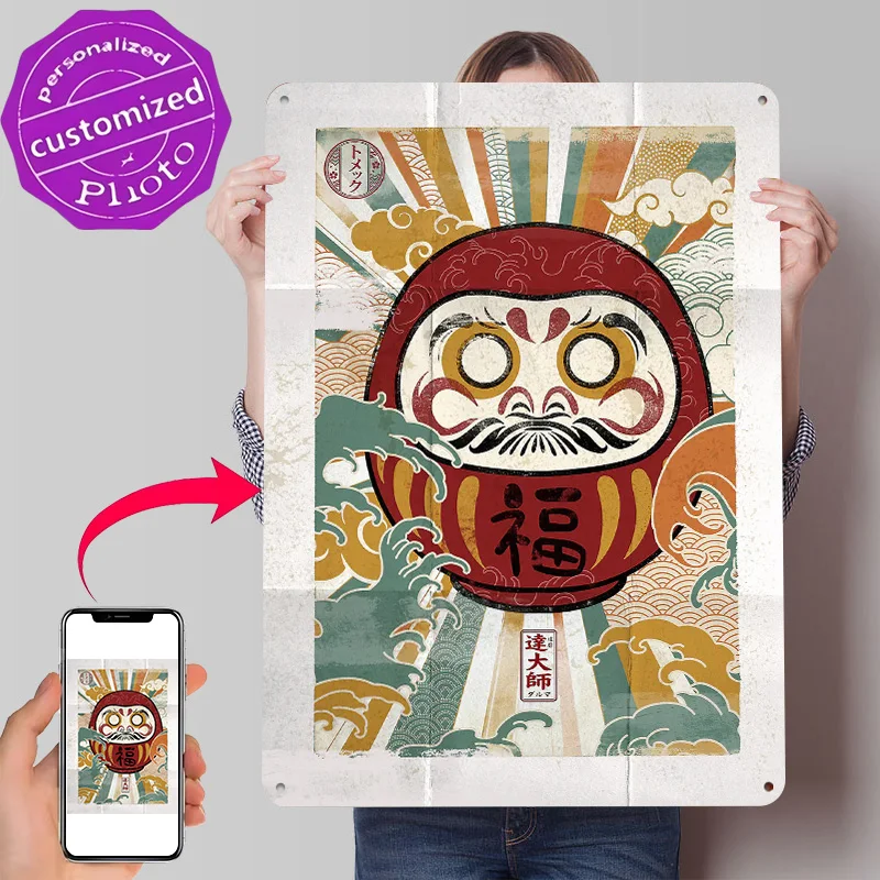 Daruma Doll With Japanese Motifs 3D Texture Printed Poster Custom Vintage Metal Tin Plate Sign for Wall Art Decoration Garage