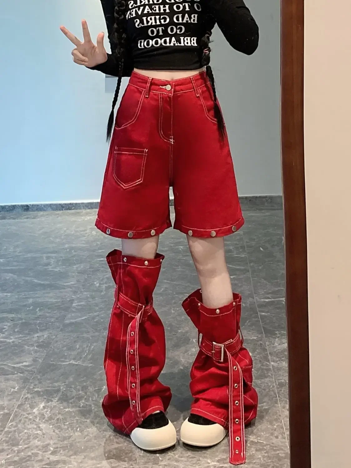 ผู้หญิงสูงเอวVINTAGE Red Cargoกางเกงยีนส์หญิงอเมริกันRetroฤดูร้อนStreetwearขากว้างDENIMกางเกงHip Hopกางเกงตรง