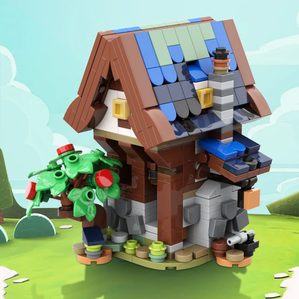 Gobricks MOC Mini 21325 Średniowieczny Sklep Kowalski Klocki Konstrukcyjne Domek na Drzewie w Starym Lesie Model Retro DIY Zabawka dla Dzieci Prezent