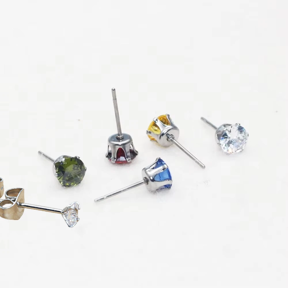 Hypoallergenic Stainless Steel Stud Earrings with Zircon Push Back Closure 6MM Bling Jewelry Gift