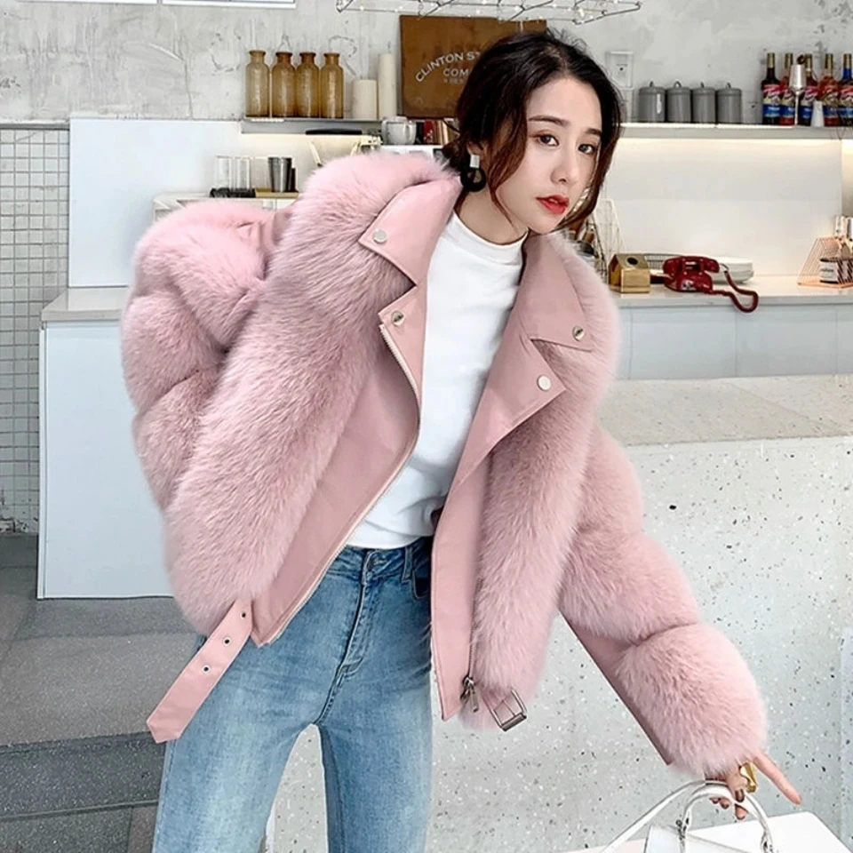 

2025 New Women Imitation Fox Fur Coat Women'S Motorcycle Short Slim Fur Jacket Tops Women Winter Warm Thicken Fur Coat Outwear