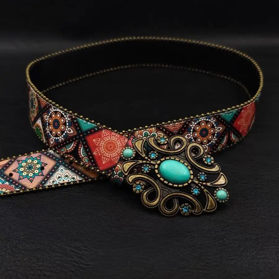 European and American retro turquoise old belt women's new bohemian ethnic style belt design sense niche decoration