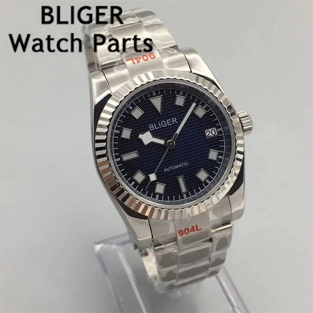 BLIGER 36mm/39mm Orologi da uomo NH35 Movimento meccanico automatico Orologi Quadrante blu Cristallo di zaffiro Cinturino in acciaio luminoso verde