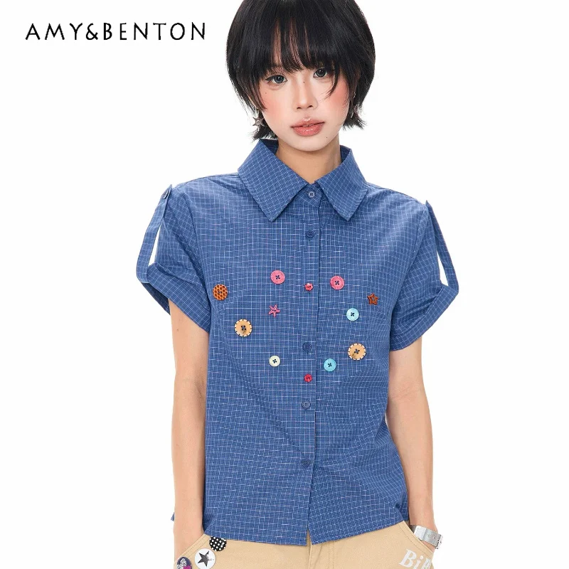 

Korean Girl Button Decorative Plaid Women's Short-sleeved Shirt 2026 Summer New Design Sweet Cute Slim-fitting Shirts Top Ladies