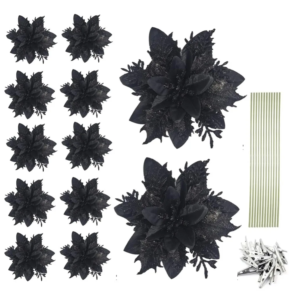 

12Pcs With Clips Artificial Christmas Flowers Multi-color Multi-functional Glitter Xmas Tree Ornaments High-quality Widely Use