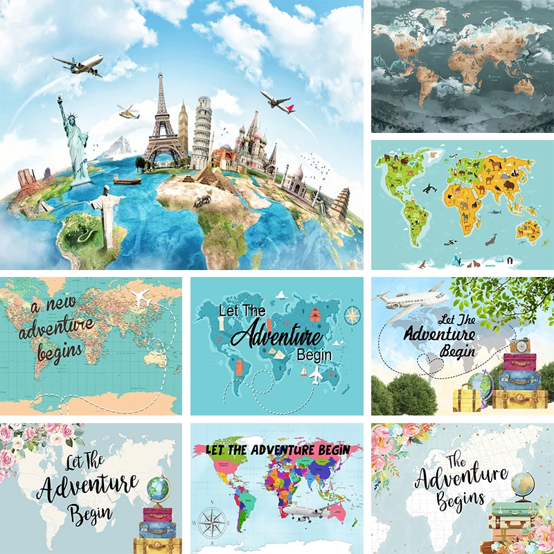 Travel Adventure Cake Smash Backdrop Global Travel World Map Photography Background World Landmark on Earth Photo Banner Decor