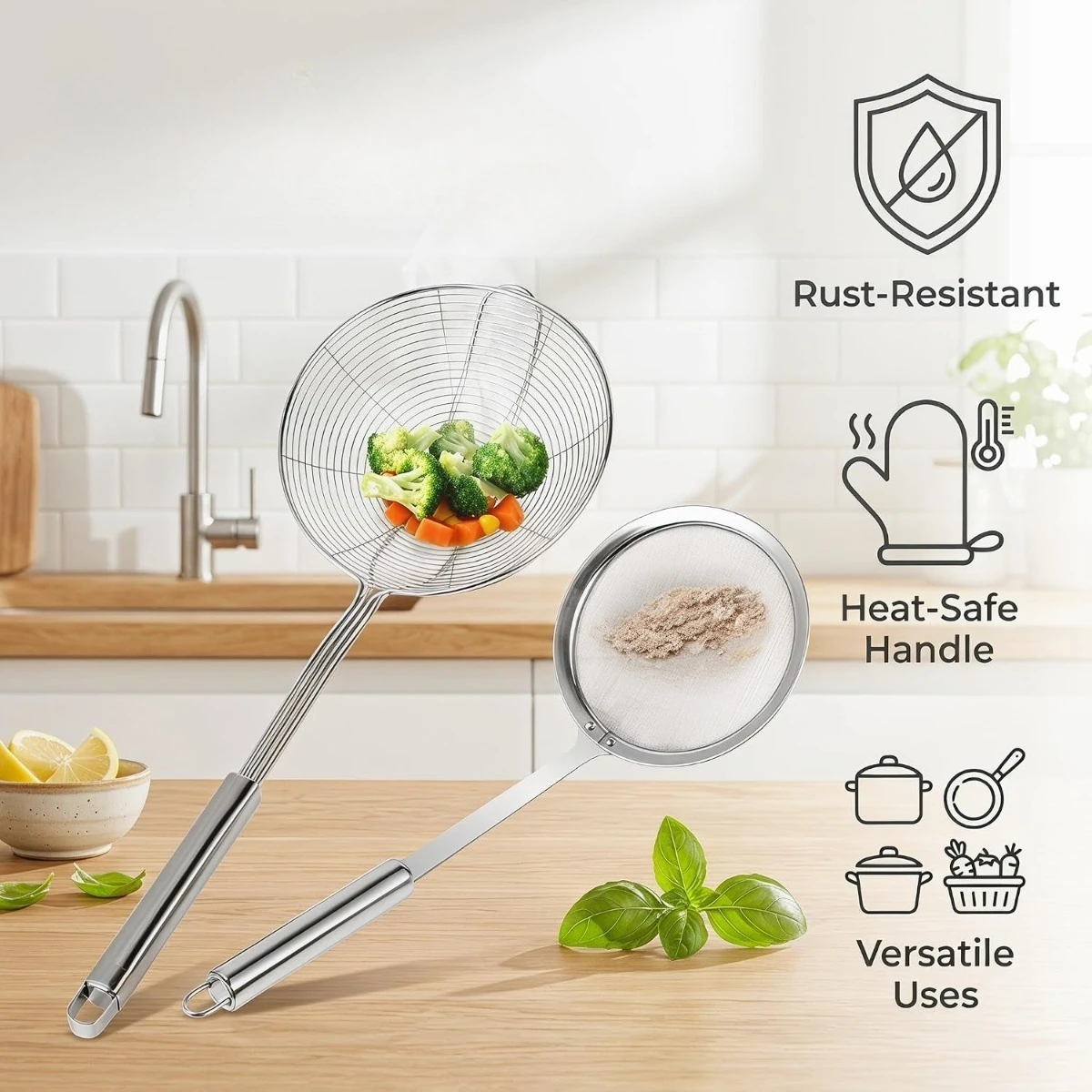 Multifunctional Stainless Steel Spider Strainer Skimmer Spoon with Handle for Frying Cooking Pasta Noodle Kitchen Practical Tool