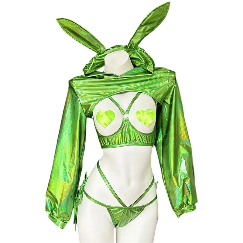 Cyber Punk Laser Dazzling Fabric Bunny Girl Cosplay Women Sexy Game Costume Set Shinny Anime Machine Rabbit Uniform