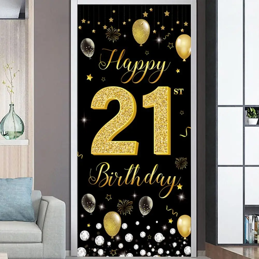 Black Gold Happy Birthday Door Hanging Banner Celebrate Polyester Party Door Background Balloon Cake