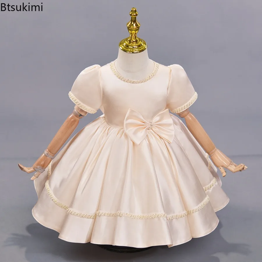 Spring and Autumn Champagne Satin Girls Princess Dress Pearl Embellished Puff Sleeve Bowknot Party Gown for Birthday Wedding