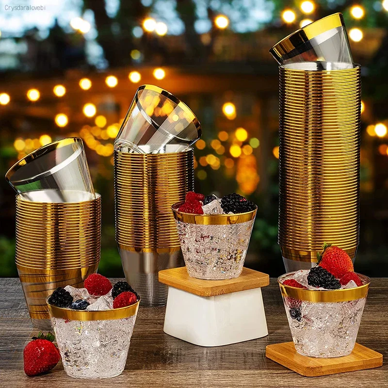 10/50/100Pcs 9oz Plastic Cups Rose Gold Disposable Party Drinking Cups Wedding Party Festival Home Clear Cocktail Glasses