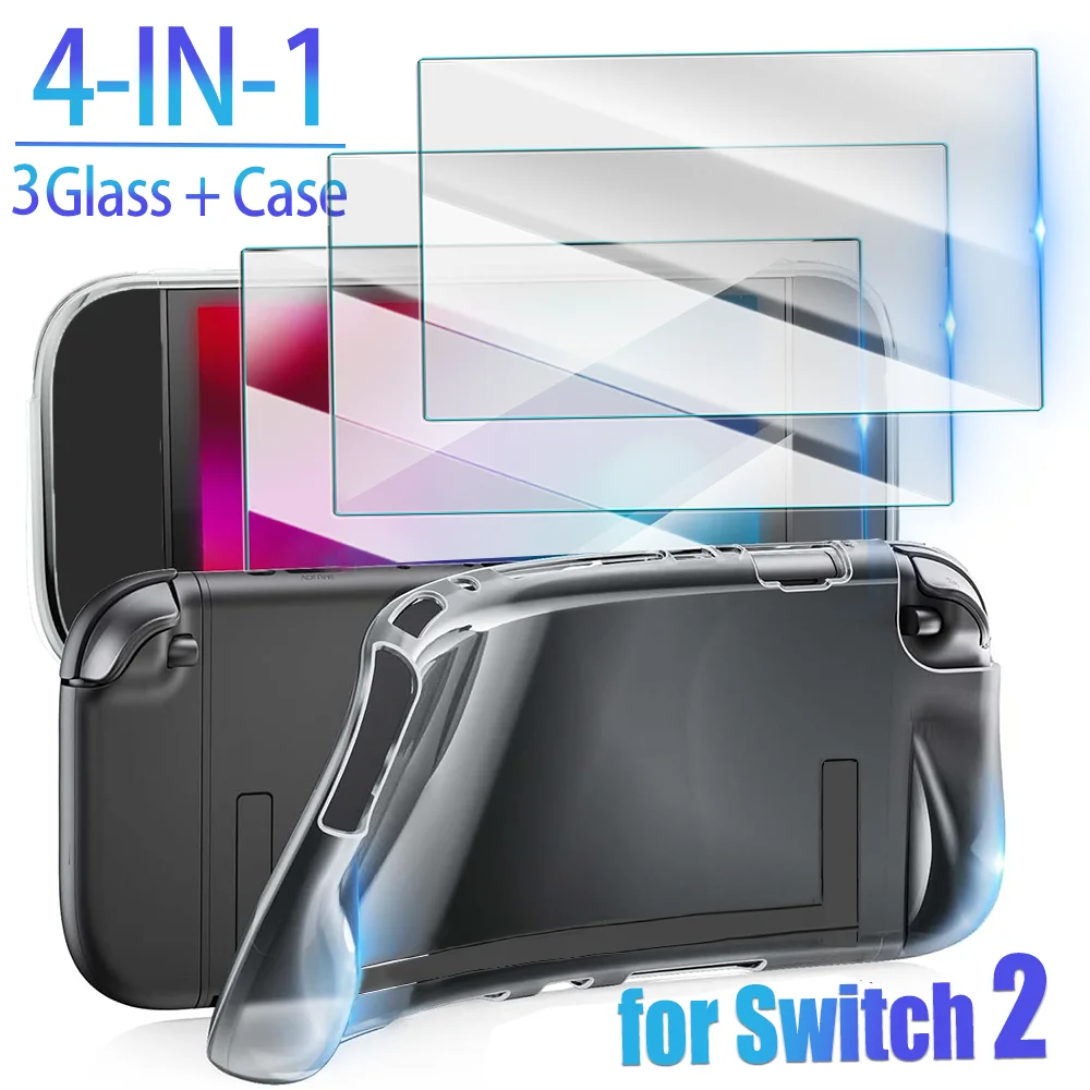 For Nintendo Switch 2 Protective Set Tempered Glass Screen Protectors HD Waterproof Film Soft TPU Game Console Case for Switch 2