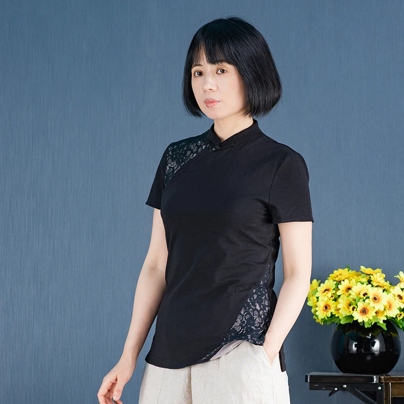 

Bla Lace Silk Cotton Patchwork Knitted Cotton T-irt Concentrated Original Design Women's Faion Summer Top