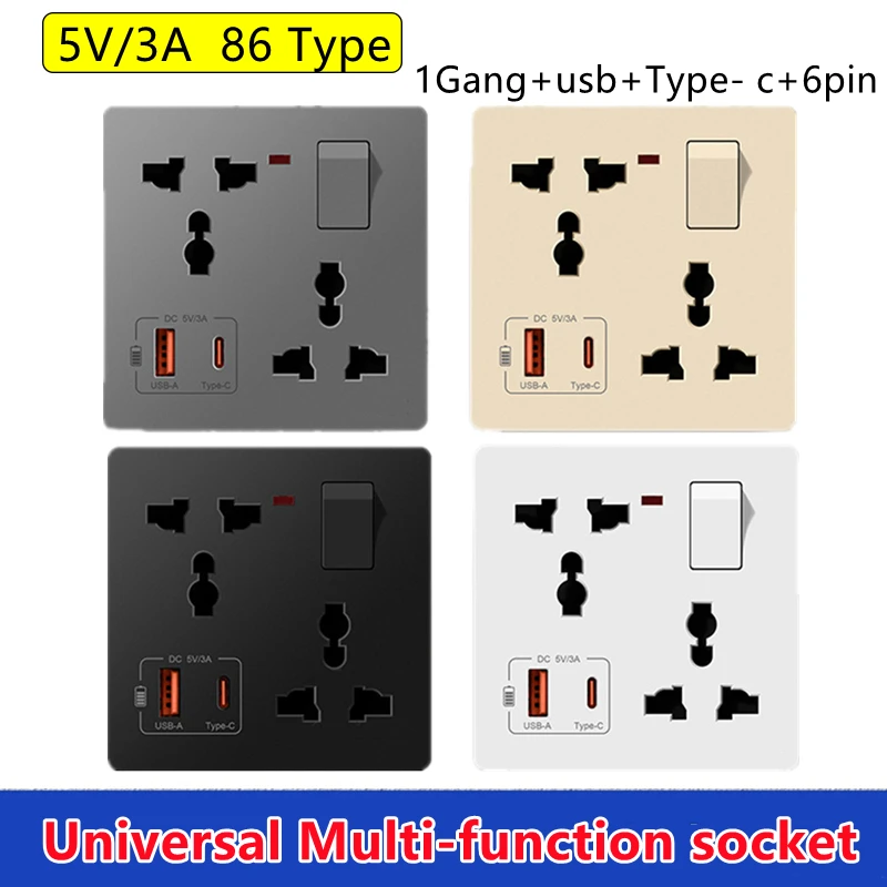 

Многофункциональная розетка с шестью отверстиями 1Gang 6 и USB + Type-c для зарядки 86-типа, скрытая универсальная трехконтактная вилка с переключателем управления
