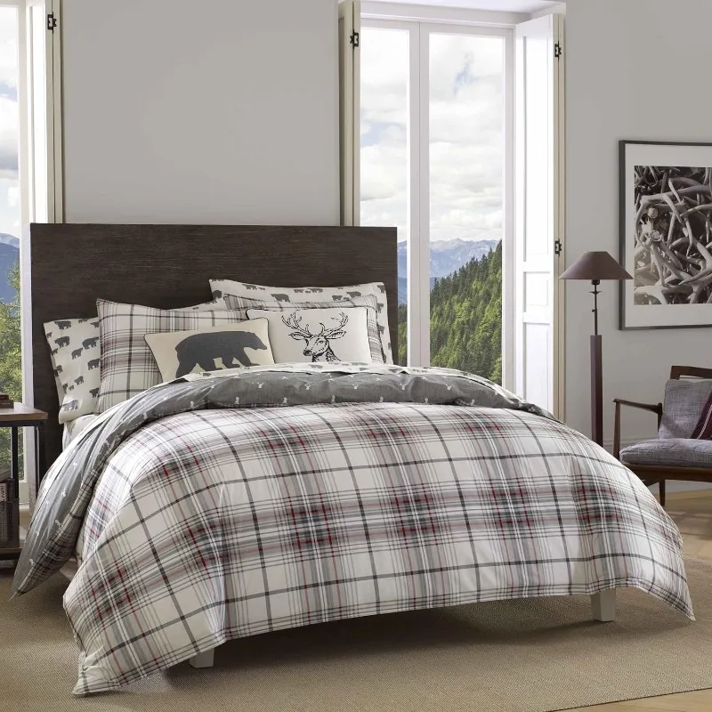 

King Duvet Cover Set, Cotton Reversible Bedding with Matching Shams, Plaid Home Decor for All Seasons (Alder Charcoal/Red, King)