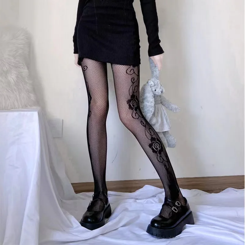 Women Girls Goth Punk Sexy Lolita Fishnet Pantyhose Stockings Harajuku Rose Flower Hollow out Pattern Tights Mesh Socks Leggings