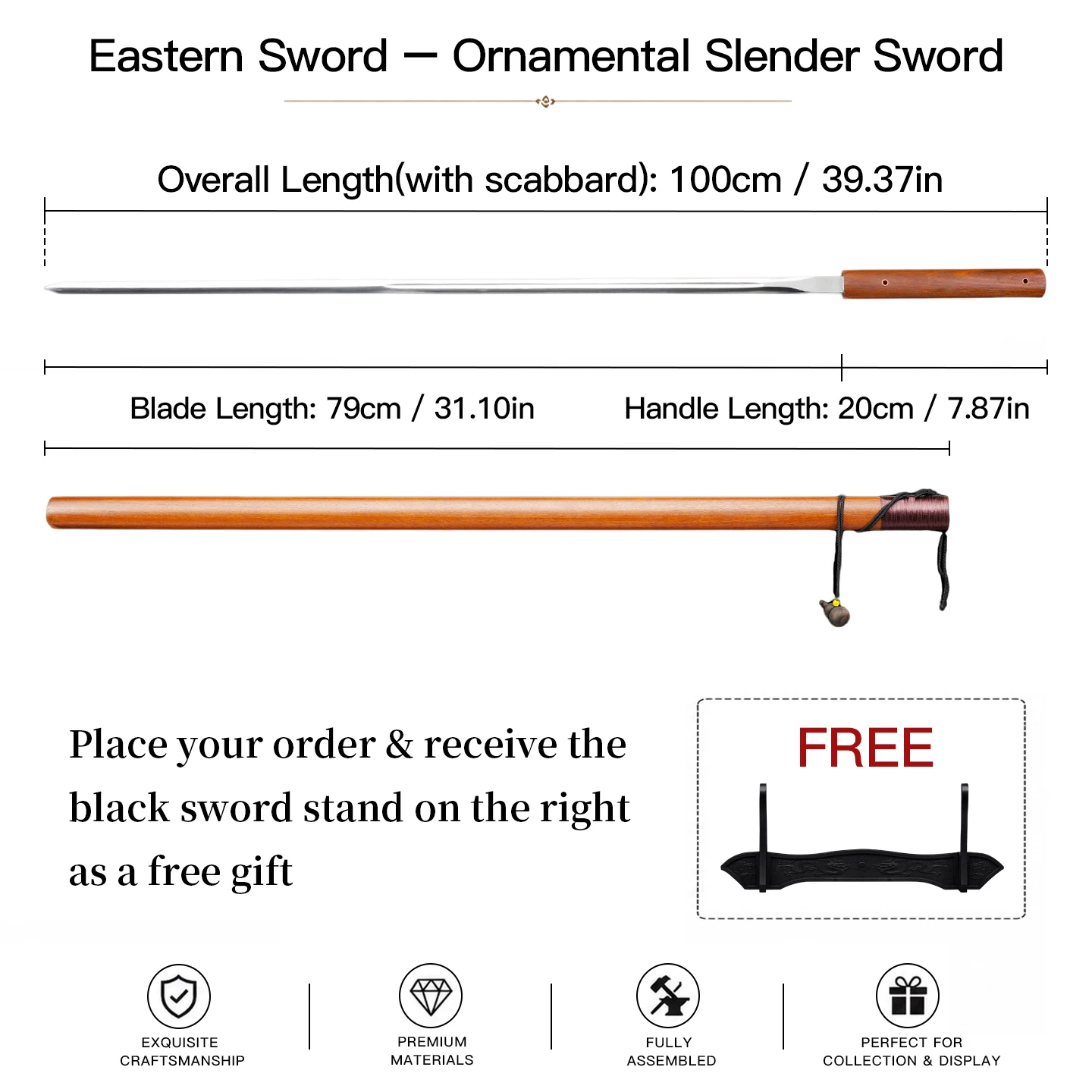 Ornamental Slender Hidden Stick Sword Manganese Steel Ultra Thin Blade Solid Natural Wood Handle Scabbard Free Black Sword Stand