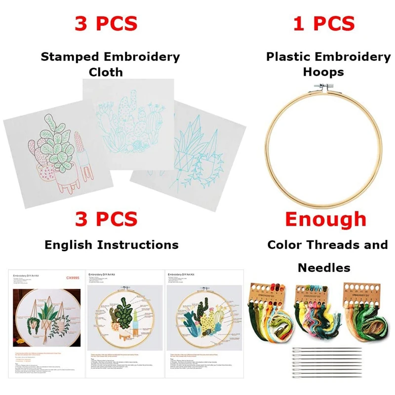 Embroidery Kit-3 Pieces Embroidery Kits For Beginners With Stamped Pattern,Embroidery Floss+Stamped Fabric+Needles
