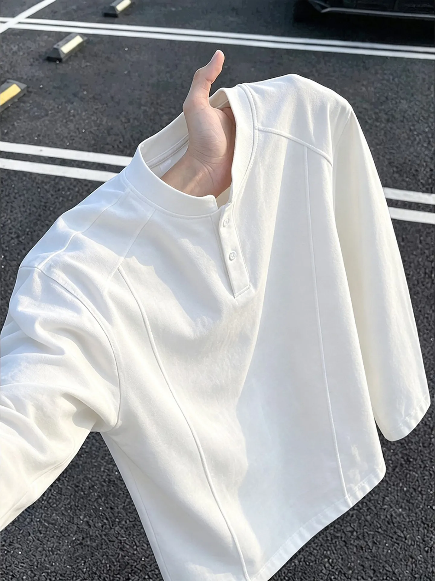 White Grey Splice Henry Collar Long Sleeve Men's Sweatshirt Heavyweight Hardwearing Shoulder Level Collar Inner Shirt